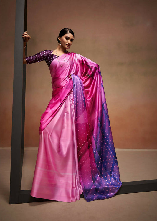 Pink Satin Digital Printed Saree with Unstitched Blouse Piece - Jodha
