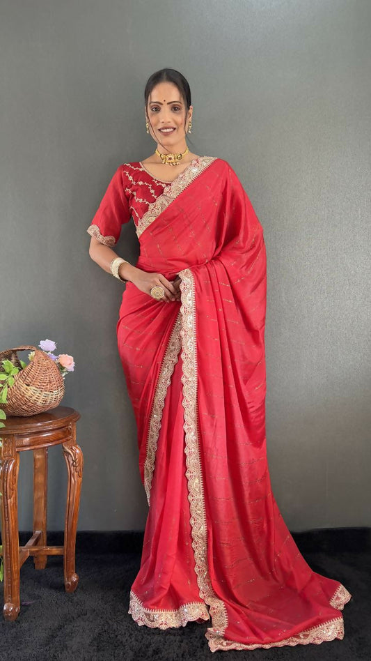 Vastranavya Red Georgette Silk Swarovski & Heavy Lace Work Ready to Wear Saree | Swadesiicart