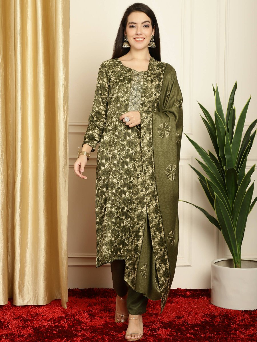 Aastha Fashion Women's Green Pashmina Floral Digital Printed Kurta with Trouser & Dupatta - Grab2buy