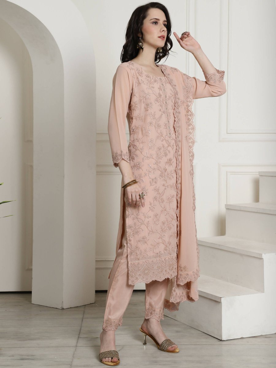 Aastha Fashion Women's Peach Georgette Floral Resham Thread with Cording & Crystal work Kurta with Trouser & Dupatta - Grab2buy