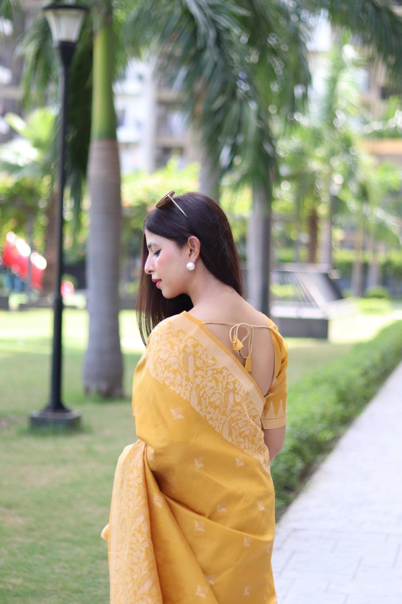 Aastha Fashion Yellow Woven Handloom Raw Silk Saree with Blouse - Grab2buy