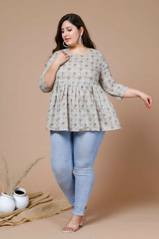 Miravan Women's Beige Plus Size Cotton Floral Printed Short Kurti