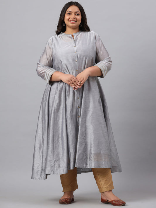 Juniper Women`s Grey Chanderi Silk Solid Anarkali Kurta with Inner