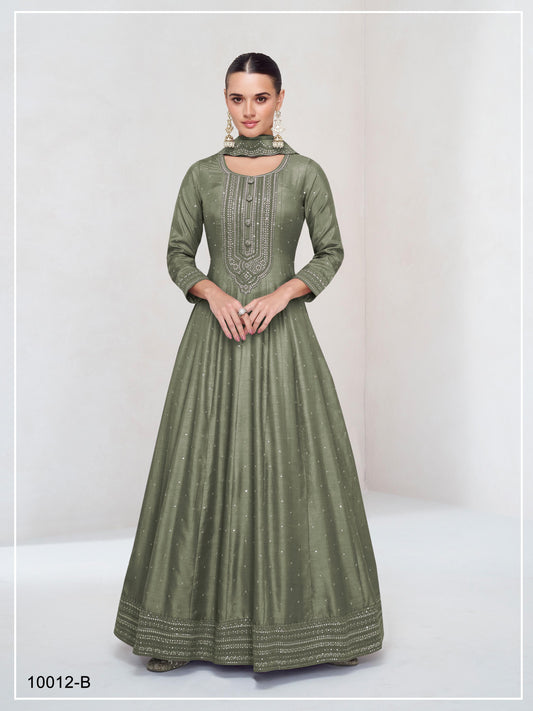Anaita Light Olive Embroidered Vichitra Silk Stitched Anarkali Suit