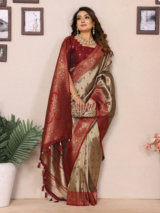 Anaita Beige Tissue Silk Saree With Weaving Zari Work