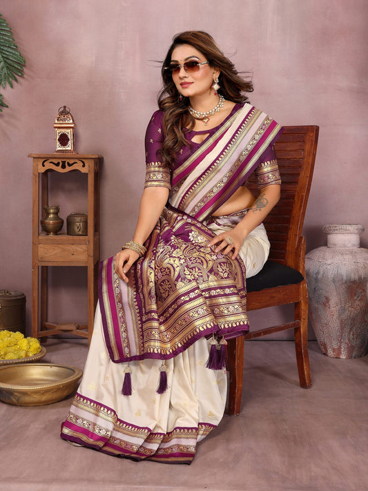 Anaita Beige Handloom Kalamkari Silk Saree With Zari Woven Work
