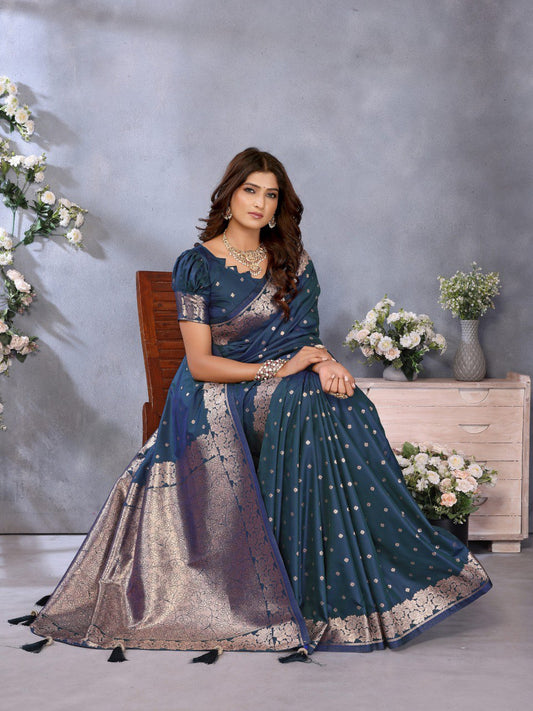 Anaita Teal Premium Banarasi Tissue Silk Saree With Gala Weaving Work
