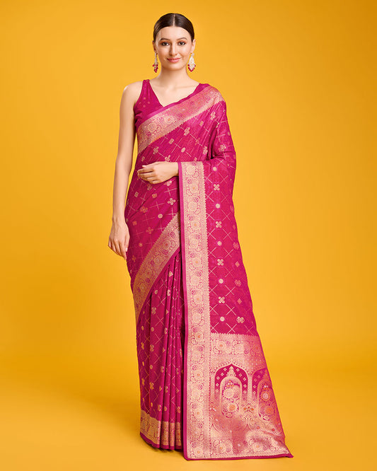 Monjolika Fashion Blushing Magenta Banarasi Satin Zari Woven Work Enhanced Elegance Silk Saree