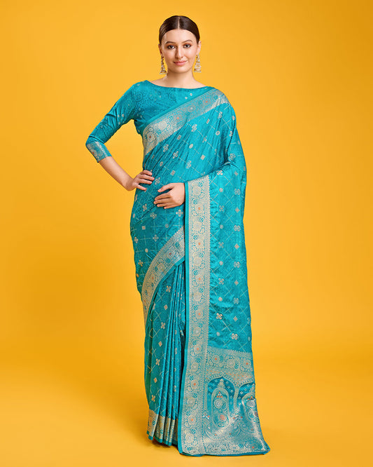 Monjolika Fashion Blushing Cyan Color Banarasi Satin Zari Woven Work Enhanced Elegance Silk Saree