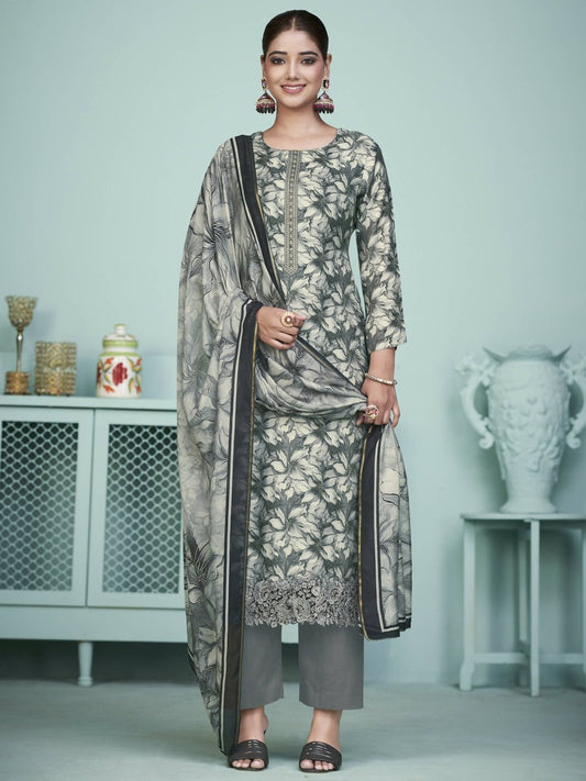 Aastha Fashion Women's Grey Muslin Digital Print with Resham Thread work Kurta with Trouser & Dupatta - Grab2buy