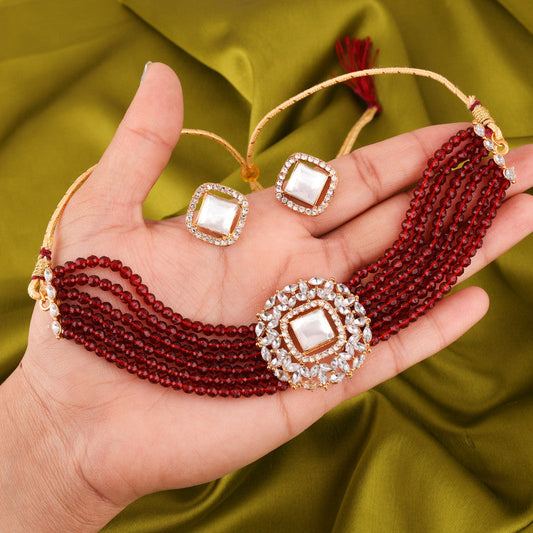 Tehzeeb Creations Brass Gold-Polished Gold, Maroon, White Jewel Set