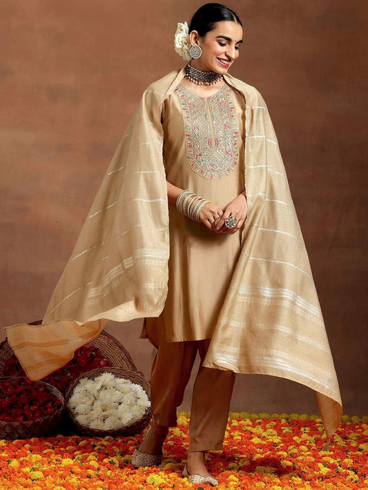 Vegaa Fashion Cream Chanderi Silk Embroidered Salwar Suit Grab2Buy Vegaa Fashion Grab2Buy
