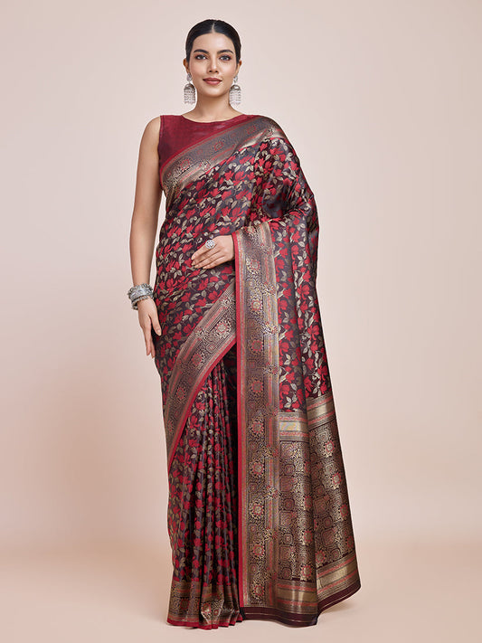 Monjolika Fashion Banarasi Satin Silk Maroon Weaving Designer Saree