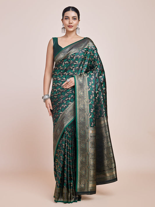 Monjolika Fashion Banarasi Satin Silk Dark Green Weaving Designer Saree