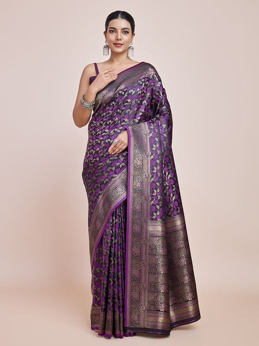 Monjolika Fashion Banarasi Satin Silk Dark Purple Weaving Designer Saree