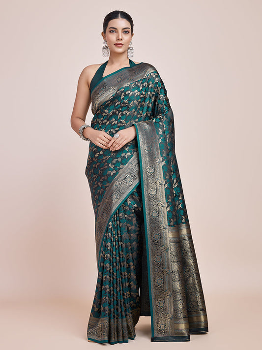 Monjolika Fashion Banarasi Satin Silk Dark Teal Weaving Designer Saree