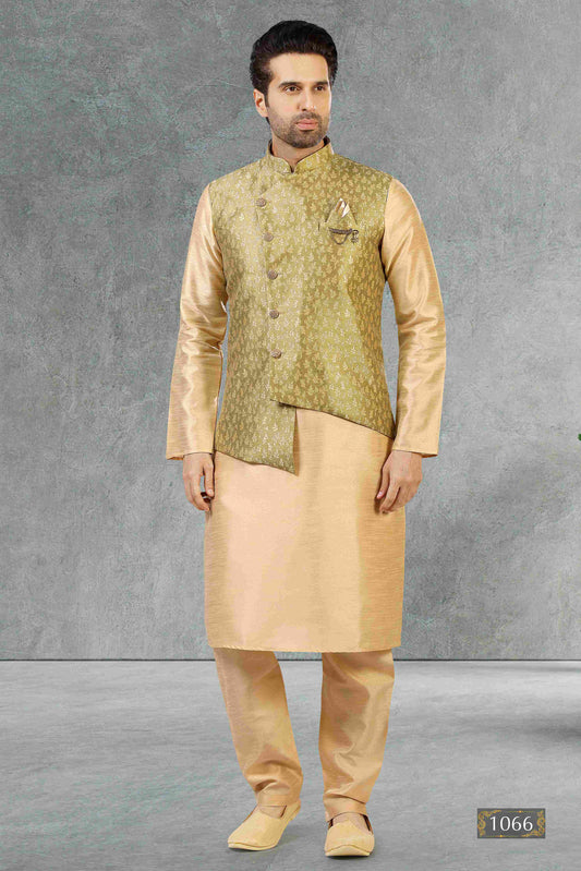 Raivat Ethnic Jacquard Banarasi Silk Woven Work 3 Pics Jacket Set In Light Green Colour