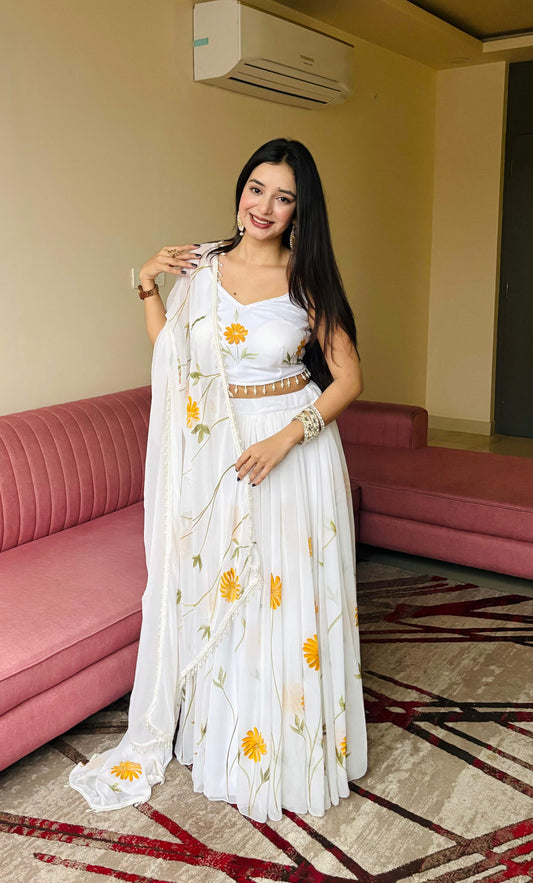 Lorenvalley Fashion White Organza with Hand-painted Floral Design Lehenga Choli with Dupatta