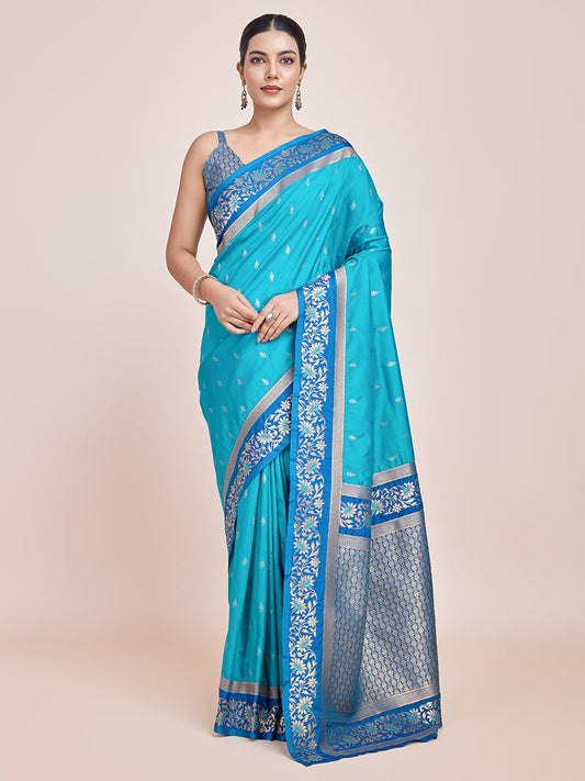 Monjolika Fashion Sky Blue Banarasi Silk In Satin Is Classy Embellished With Golden Zari Work Saree