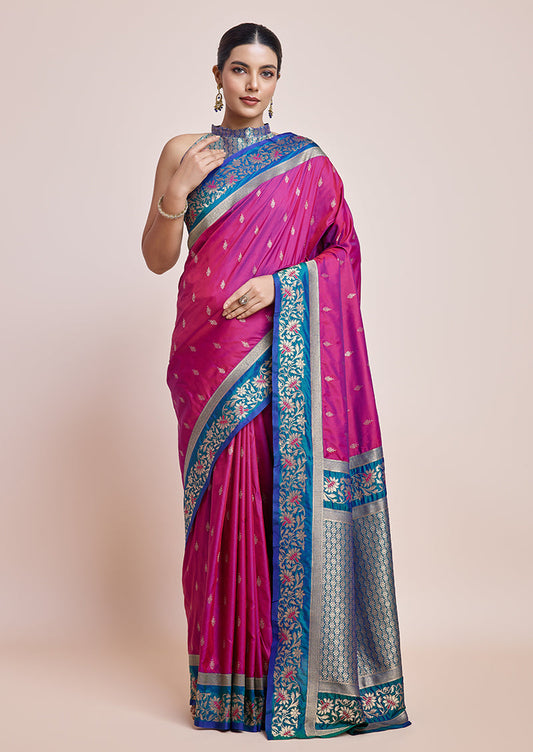 Monjolika Fashion Magenta Banarasi Silk In Satin Is Classy Embellished With Golden Zari Work Saree