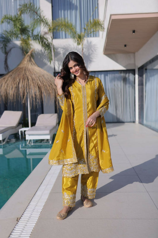 Teeya Creation Womens New Yellow Silk With Rich Zari Coding Embroidered Work Kurta Pant Set