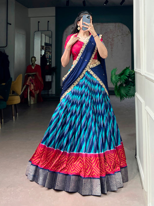 Lorenvalley Fashion Multicolor Tasar Silk Leheriya Print With Zari Weaving Work Lehenga Choli With Dupatta