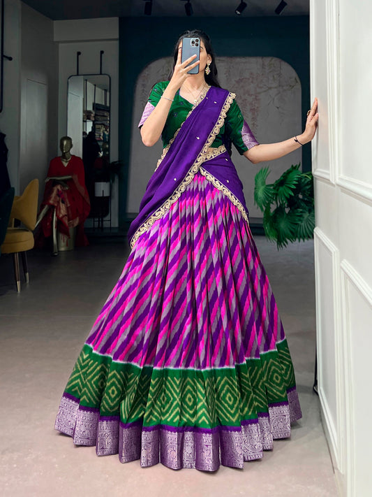 Lorenvalley Fashion Multicolor Tasar Silk Leheriya Print With Zari Weaving Work Lehenga Choli With Dupatta