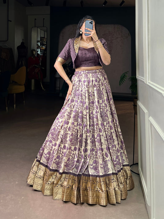Lorenvalley Fashion Multicolor Tasar Silk Printed with Viscose Border Lehenga Choli