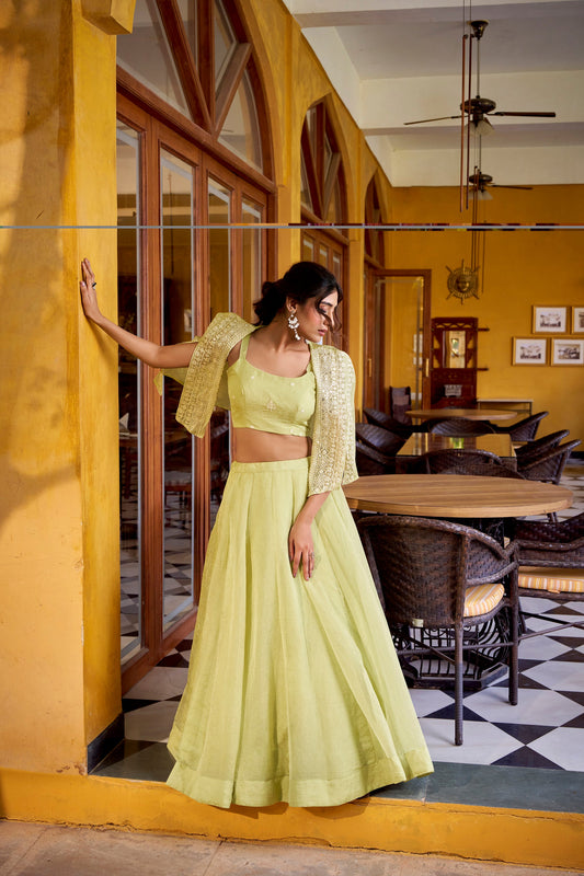 Lorenvalley Fashion Limegreen Allnen Crush Plain Lehenga Choli with Koti