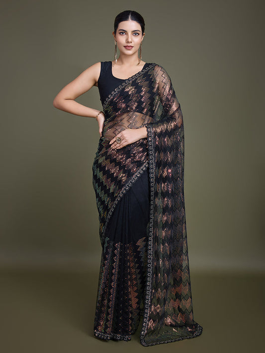 Monjolika Fashion Sequin Black Color Net Ultimate Party Wear Fashion Saree