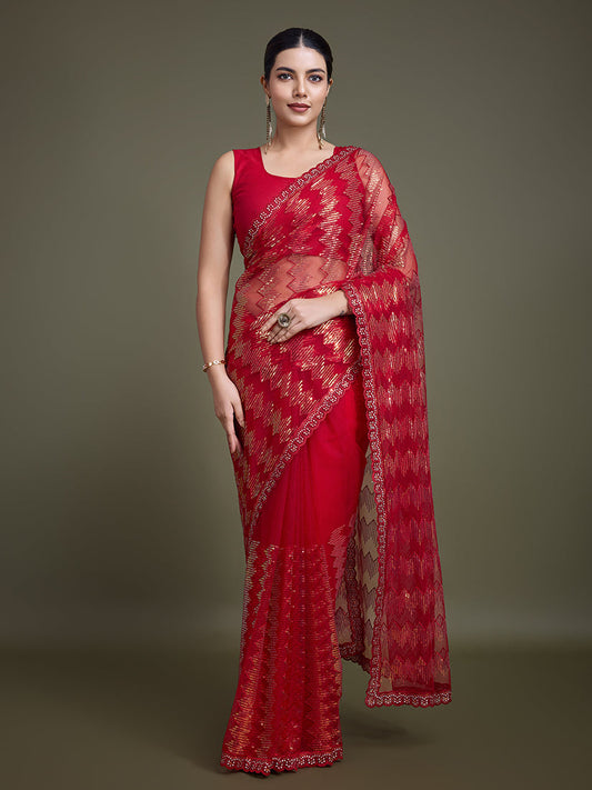 Monjolika Fashion Sequin Red Color Net Ultimate Party Wear Fashion Saree