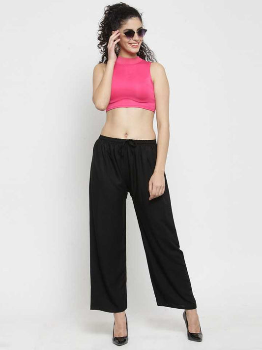 PAVONINE Black Color Straight Fit Rayon Fabric Palazzo For Women