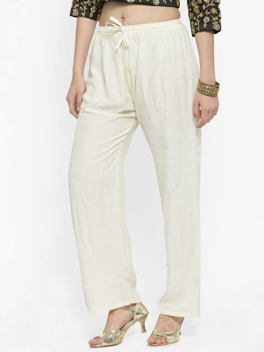PAVONINE Off White Color Straight Fit Rayon Fabric Palazzo For Women