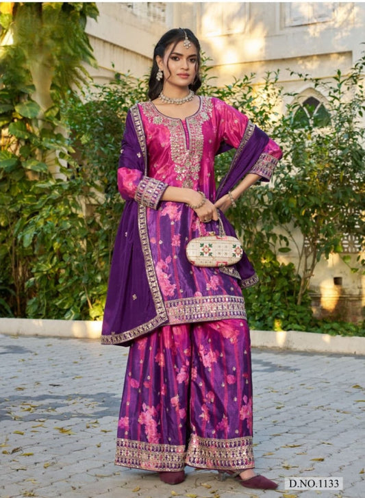 Anaita Purple Chinon Stitched Plazzo Suit With Digital Printed & Hand Work