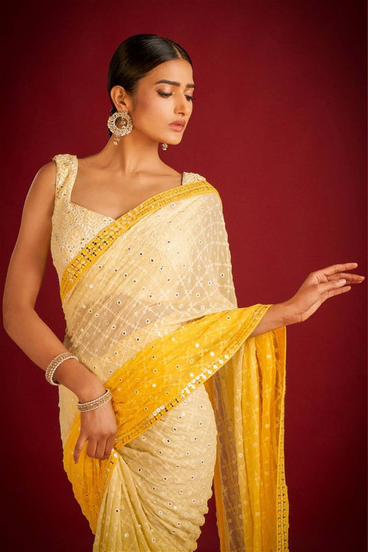 Teeya Creation Lemon Yellow Color Georgette Embroidery Work Saree