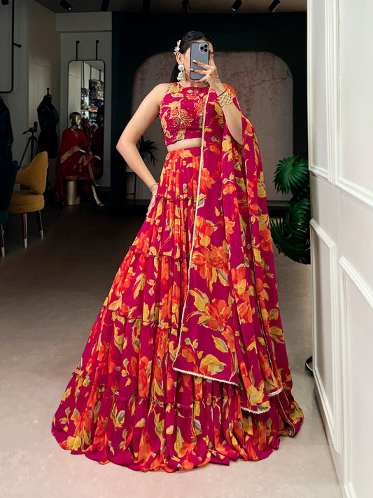 Lorenvalley Fashion Multicolor Marble Floral Printed Lehenga Choli with Dupatta