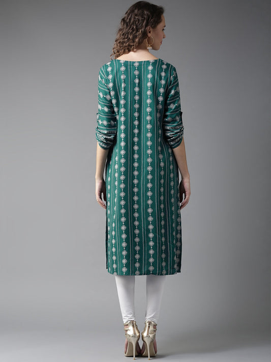 HERE&NOW Women Teal Green & White Printed Straight Kurta
