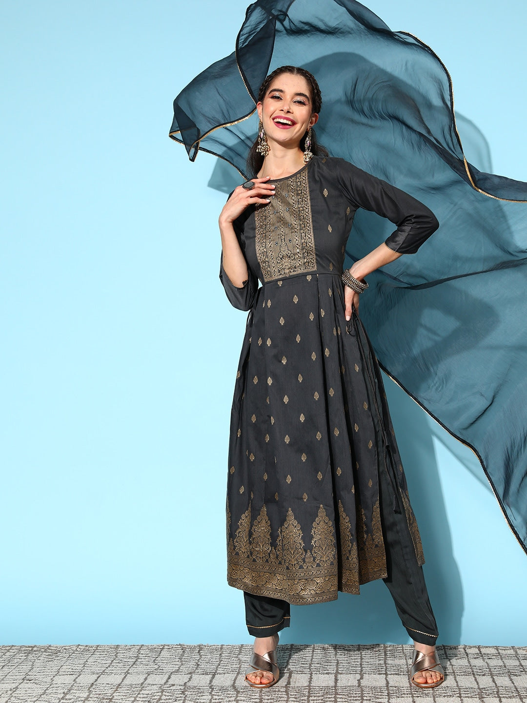 Sangria Ethnic Motifs Yoke Design Pleated Chanderi Silk Kurta with Trousers & With Dupatta - Grab2buy