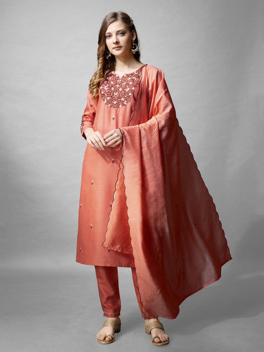 Malishka Women's Coral Embroidered Cotton Blend Kurta Pant Set With Dupatta