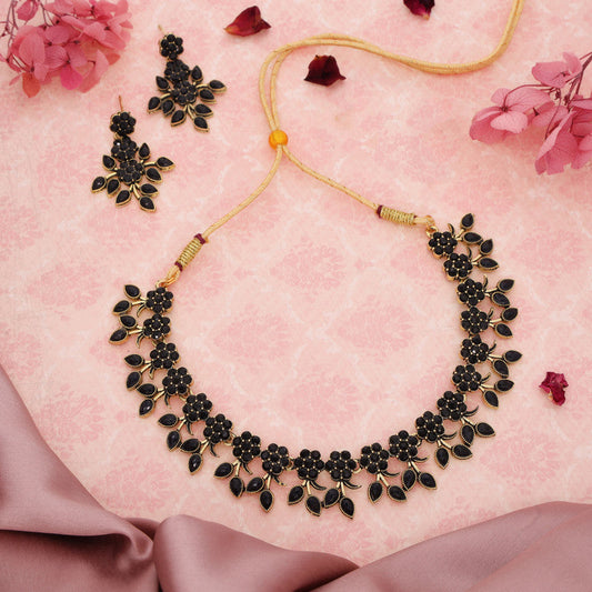 Tehzeeb Creations Special Exquisite White & Black Studded Gold-Polished Choker Necklace Set & Pair of Earring Set