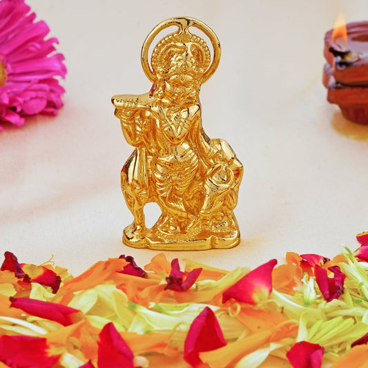 Estele Gold-Polished God of love Sri Krishna Idol with Kamdhenu for Home/Car decor | Grab2Buy