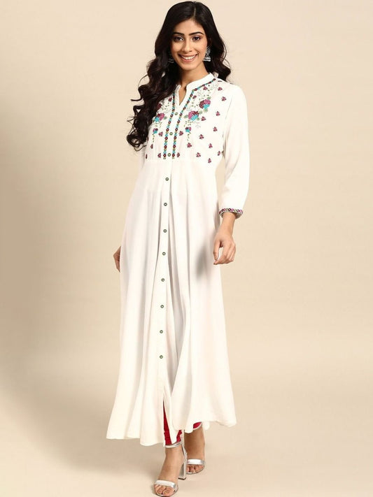Anouk White Floral Yoke Design Mandarin Collar Mirror Work Cotton A-Line Kurta | Grab2Buy