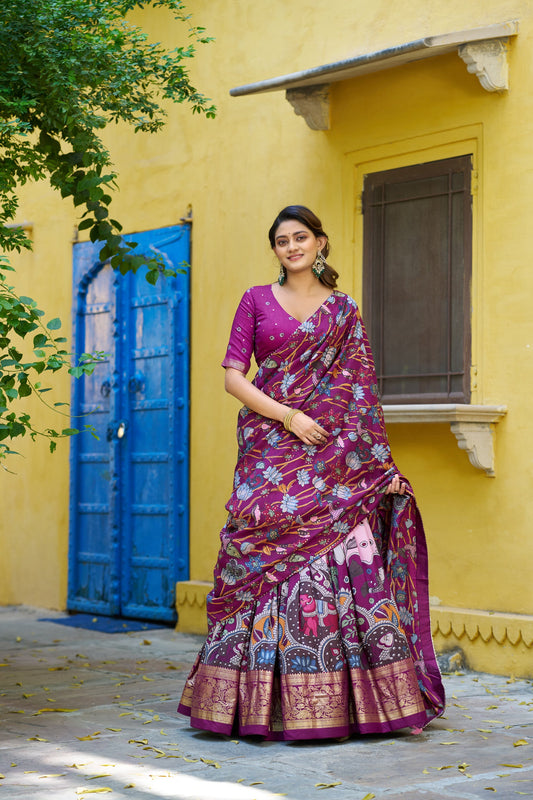 Lorenvalley Fashion Multicolor Tussar Silk Kalamkari Print with Foil Work Border Lehenga Choli with Dupatta