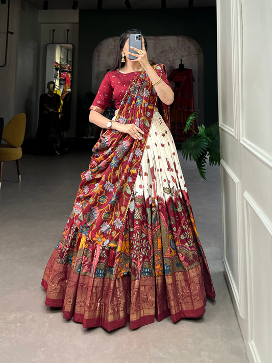 Lorenvalley Off White Tussar Silk Kalamkari Print with Foil Work Border Lehenga Choli with Dupatta