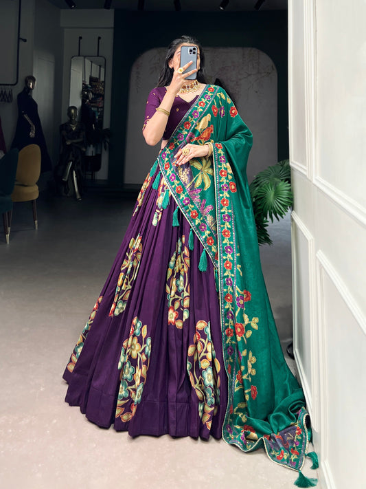 Lorenvalley Purple Tussar Silk Printed And Foil Work With Lace Touch Up Lehenga Choli with Dupatta
