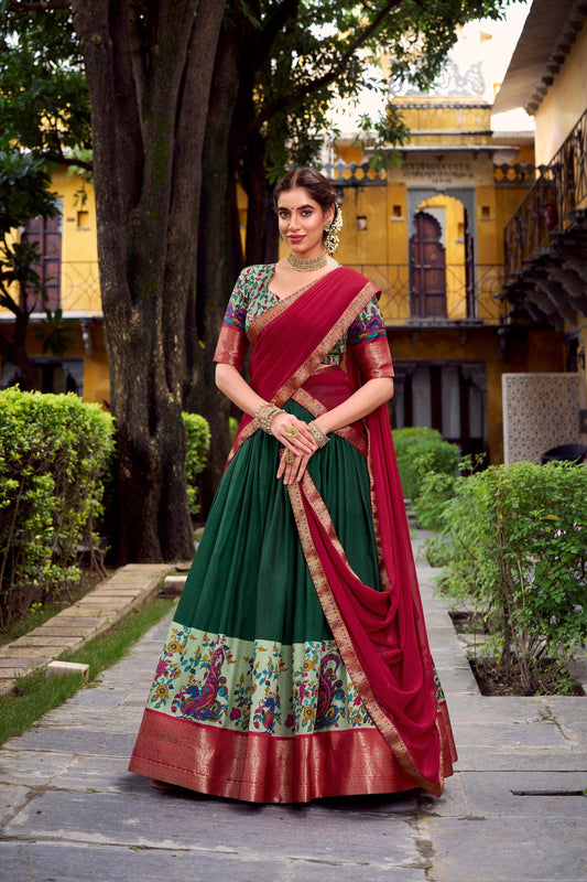 Lorenvalley Fashion Green Aastha Silk Printed with Zari Weaving Work Lehenga Choli with Dupatta
