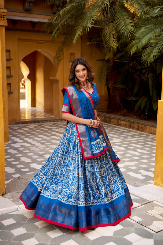 Lorenvalley Fashion Blue Dola Silk Batik Print with Zari Weaving Work Lehenga Choli with Dupatta