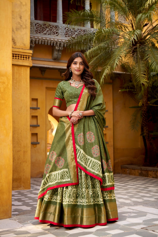 Lorenvalley Fashion Mehendi Dola Silk Batik Print with Zari Weaving Work Lehenga Choli with Dupatta