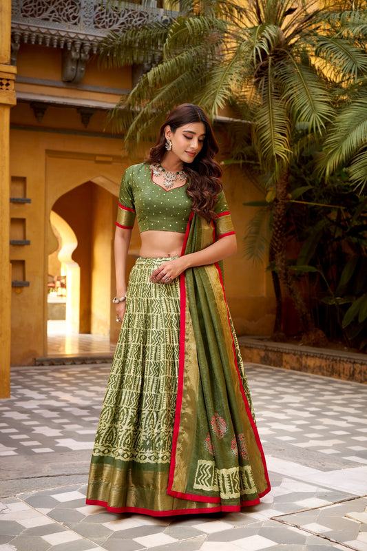 Lorenvalley Fashion Mehendi Dola Silk Batik Print with Zari Weaving Work Lehenga Choli with Dupatta