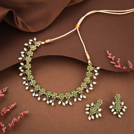 Tehzeeb Creations Sea Green Pack of 1 Gold-Polished Choker Necklace Set With Earring For Women & Girls